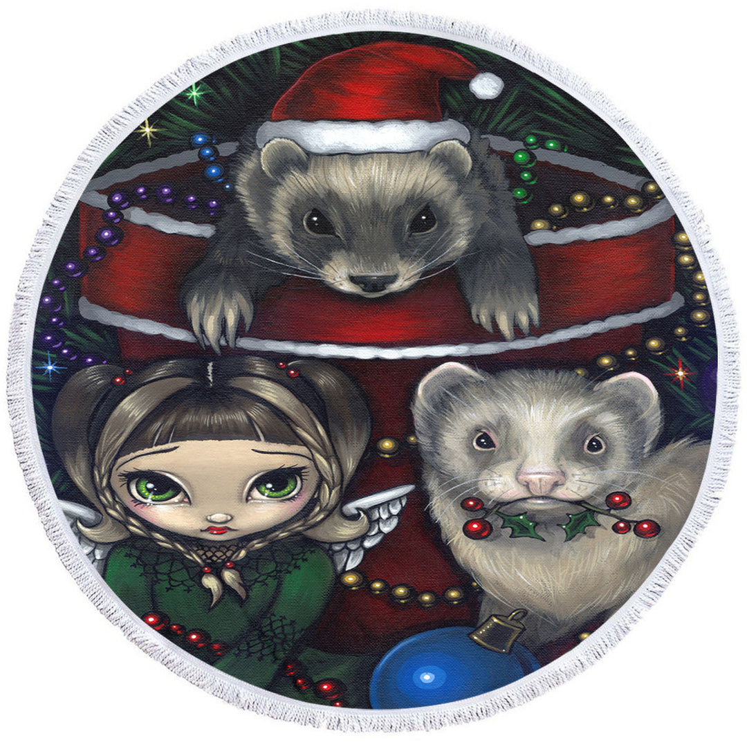 Cute Fairy and Christmas Ferrets Round Beach Towels