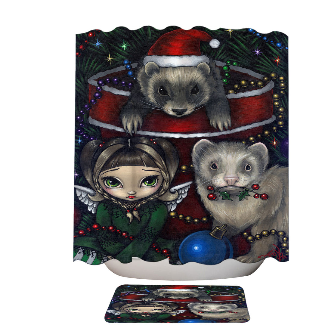 Cute Fairy and Christmas Ferrets Shower Curtains