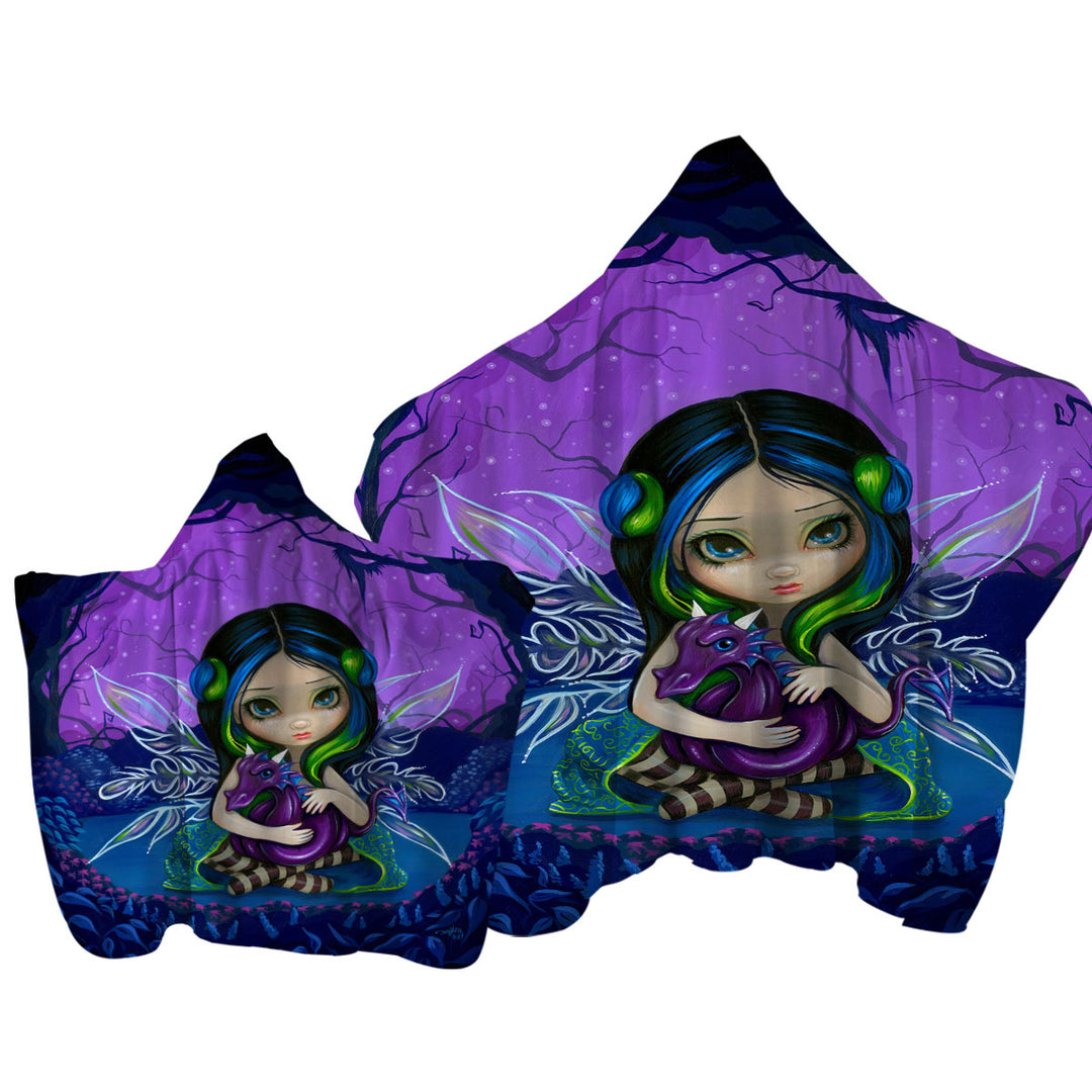 Cute Fairy in the Purple Moonlit Dragonling Garden Towel with Hood