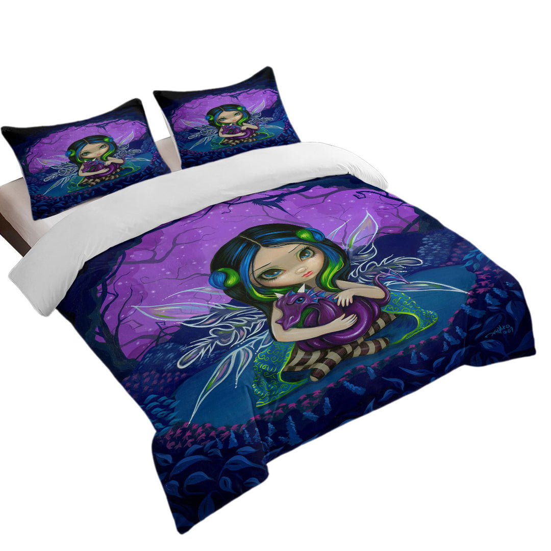 Cute Fairy in the Purple Moonlit Dragonling Garden Twin Duvet Covers