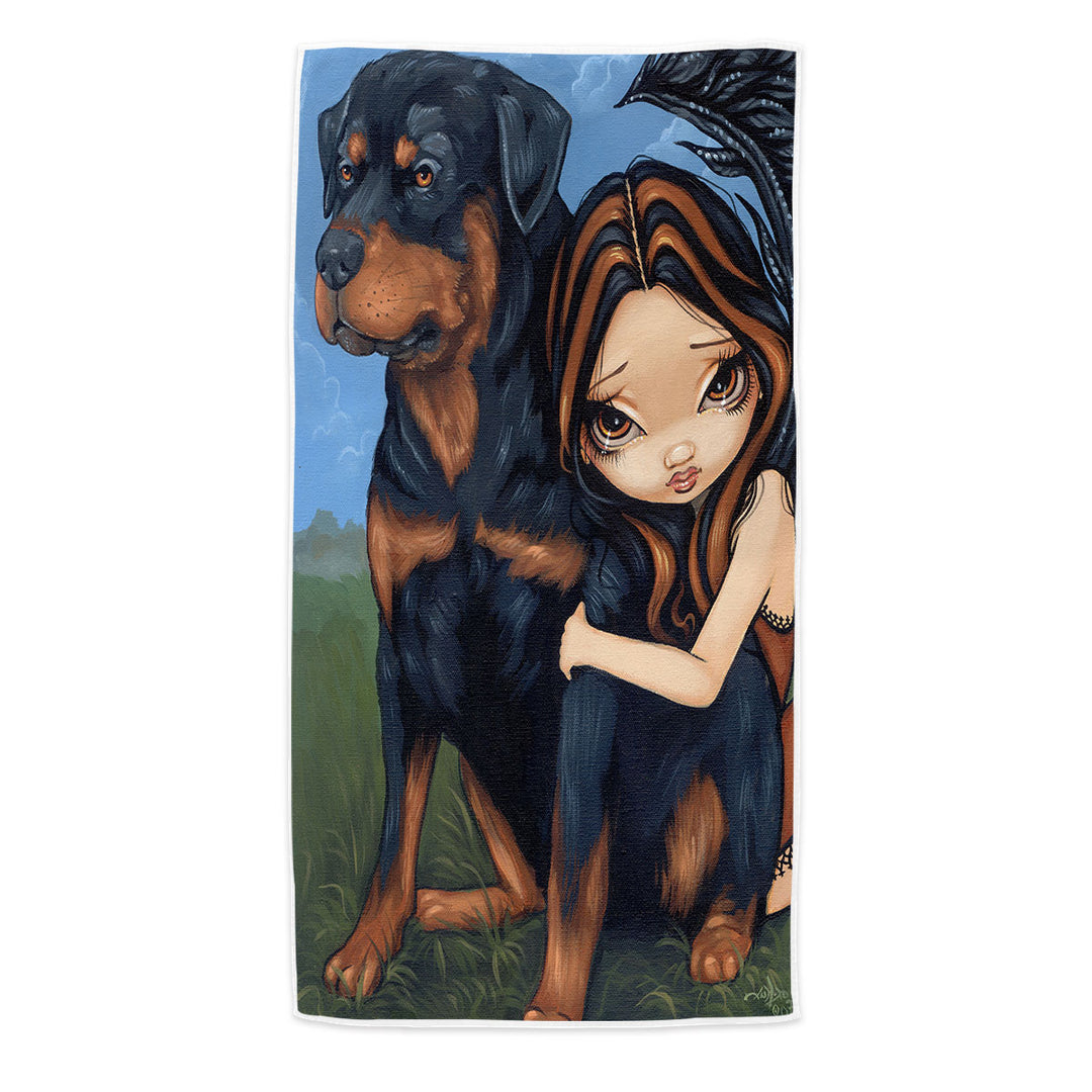 Cute Fairy with a Rottweiler Dog Beach Towel