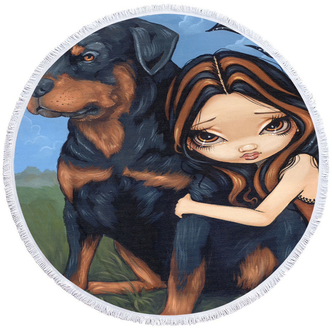 Cute Fairy with a Rottweiler Dog Circle Beach Towel