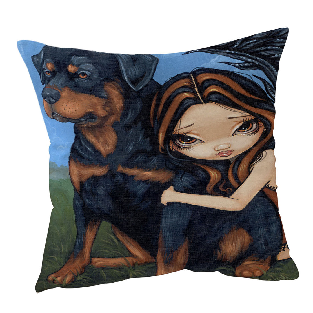 Cute Fairy with a Rottweiler Dog Cushion Cover