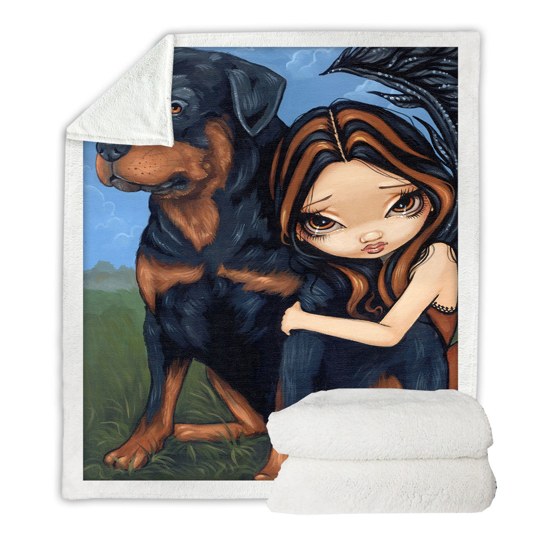 Cute Fairy with a Rottweiler Dog Fleece Blanket