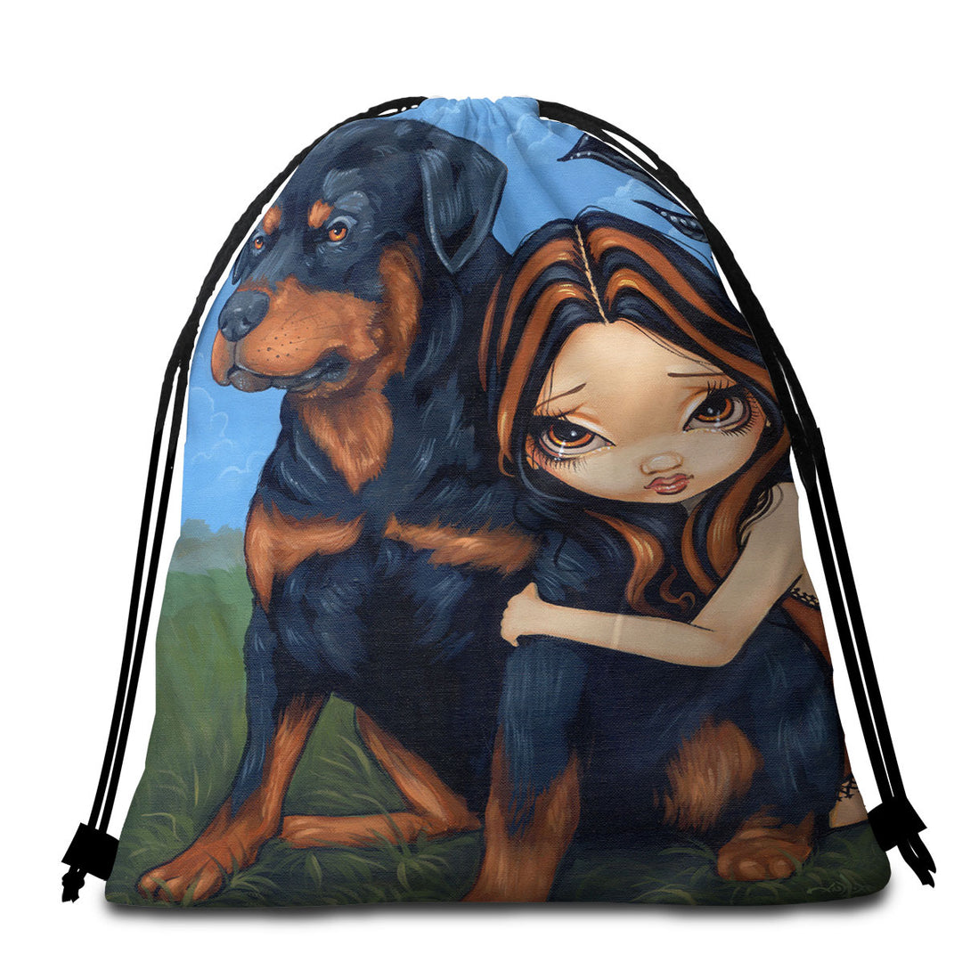 Cute Fairy with a Rottweiler Dog Lightweight Beach Towel