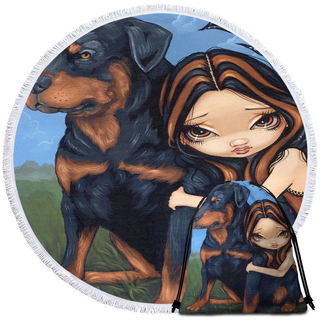 Cute Fairy with a Rottweiler Dog Round Beach Towel