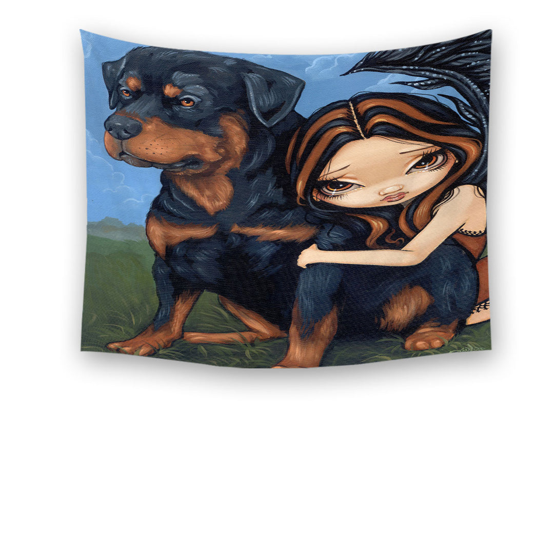 Cute Fairy with a Rottweiler Dog Tapestry Wall Decor