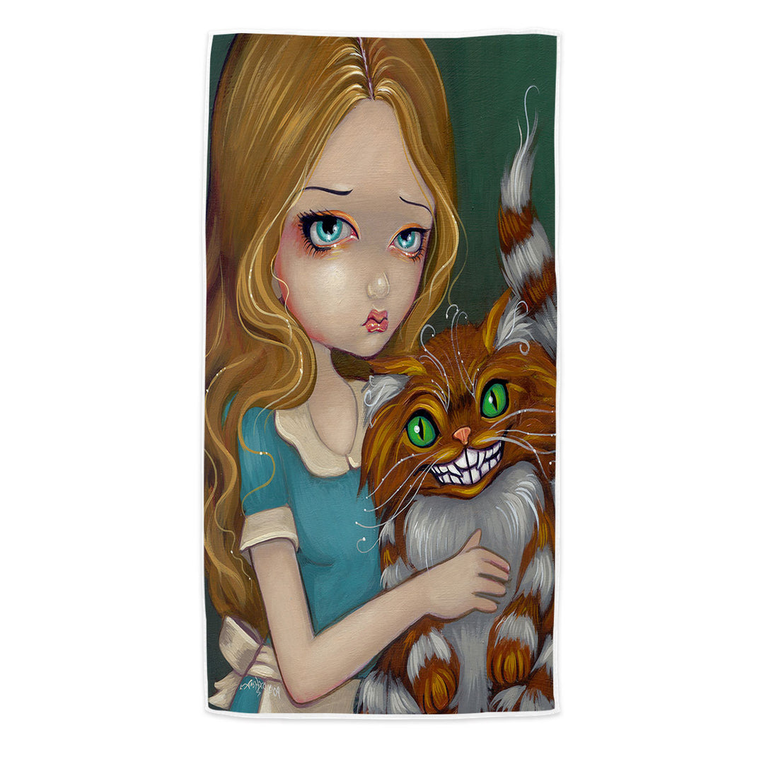 Cute Fantasy Art Alice Cuddling the Cheshire Cat Beach Towel