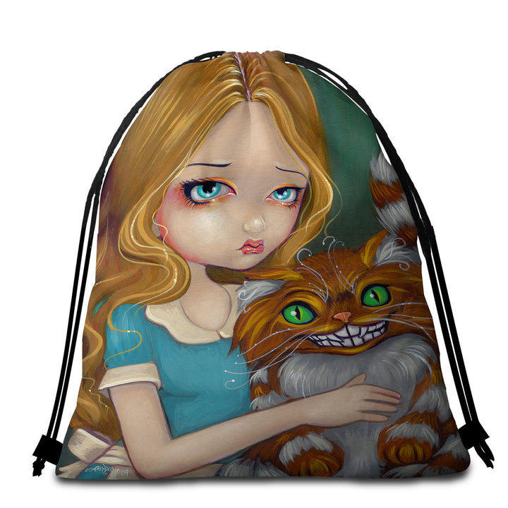 Cute Fantasy Art Alice Cuddling the Cheshire Cat Beach Towels and Bags Set