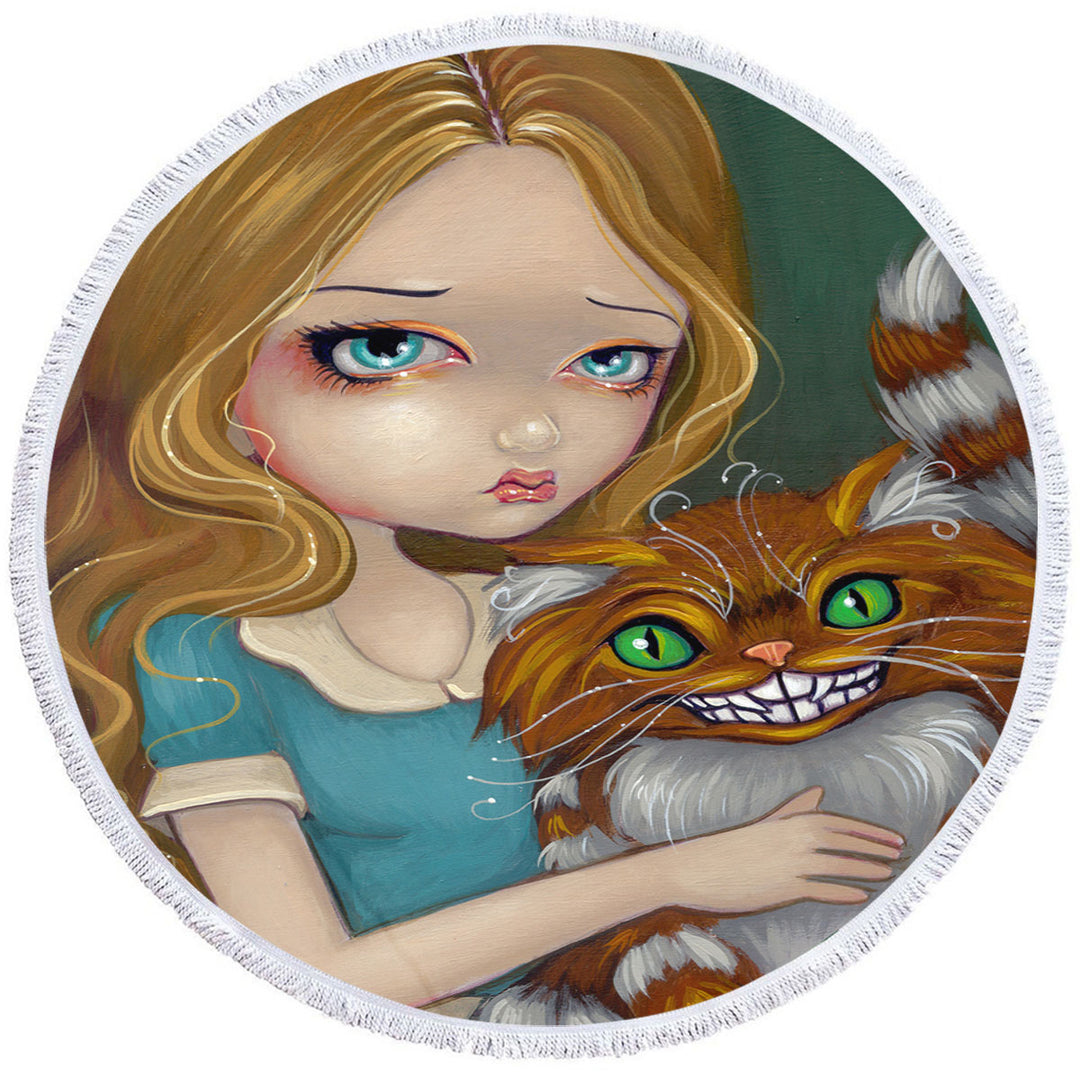 Cute Fantasy Art Alice Cuddling the Cheshire Cat Circle Beach Towel