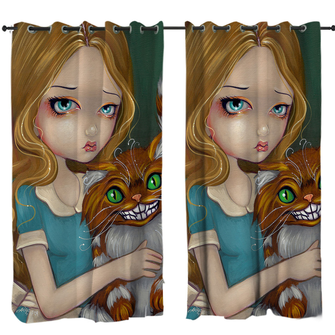 Cute Fantasy Art Alice Cuddling the Cheshire Cat Curtains for Bedroom