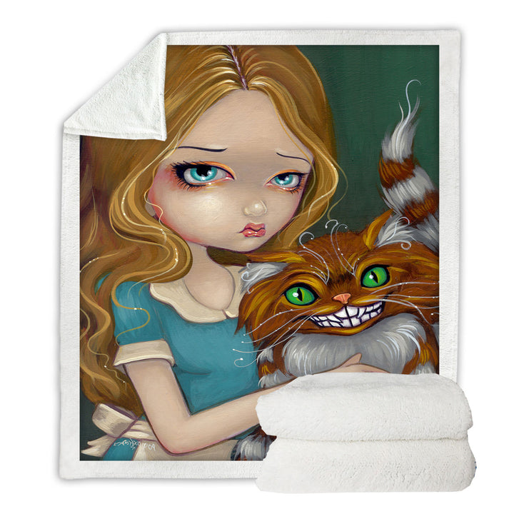 Cute Fantasy Art Alice Cuddling the Cheshire Cat Fleece Blankets