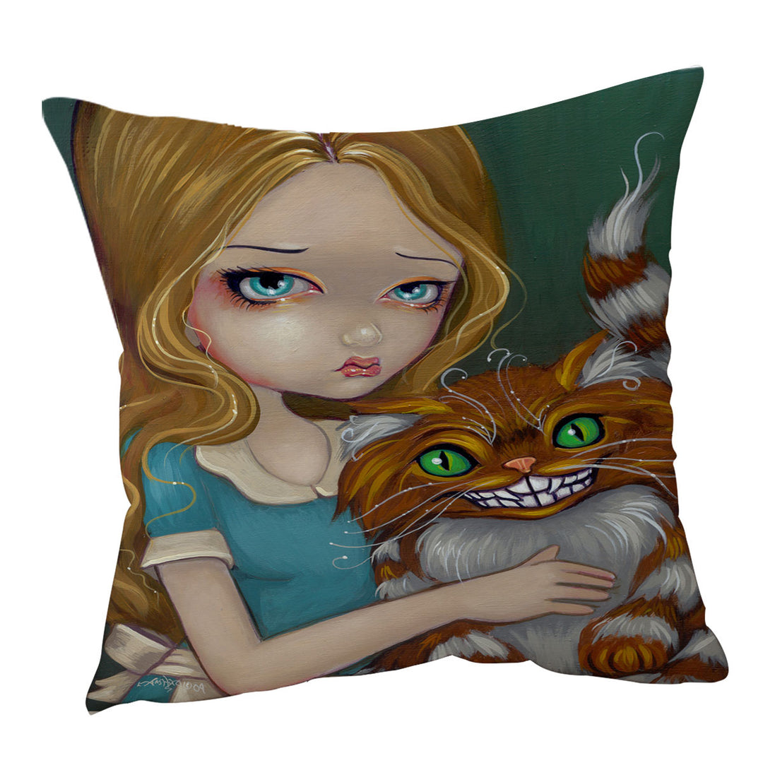 Cute Fantasy Art Alice Cuddling the Cheshire Cat Throw  Pillows