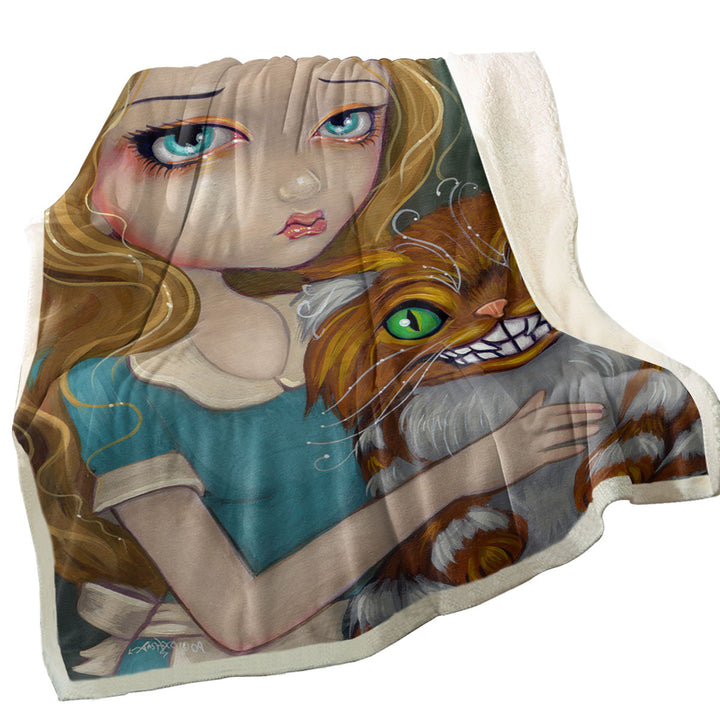 Cute Fantasy Art Alice Cuddling the Cheshire Cat Throw Blanket