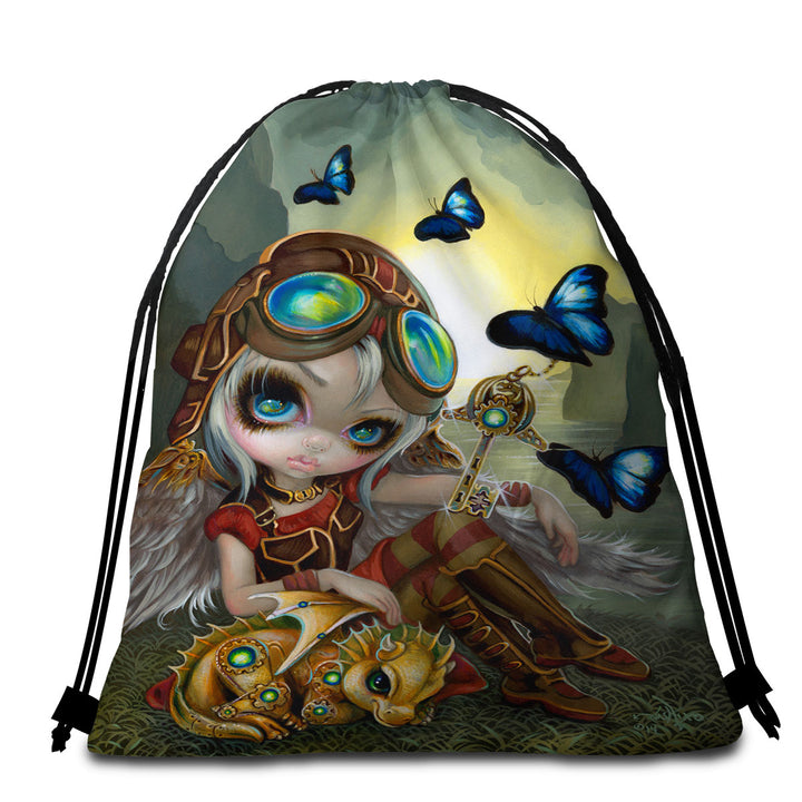 Cute Fantasy Art Angel and Clockwork Dragonling Beach Towel