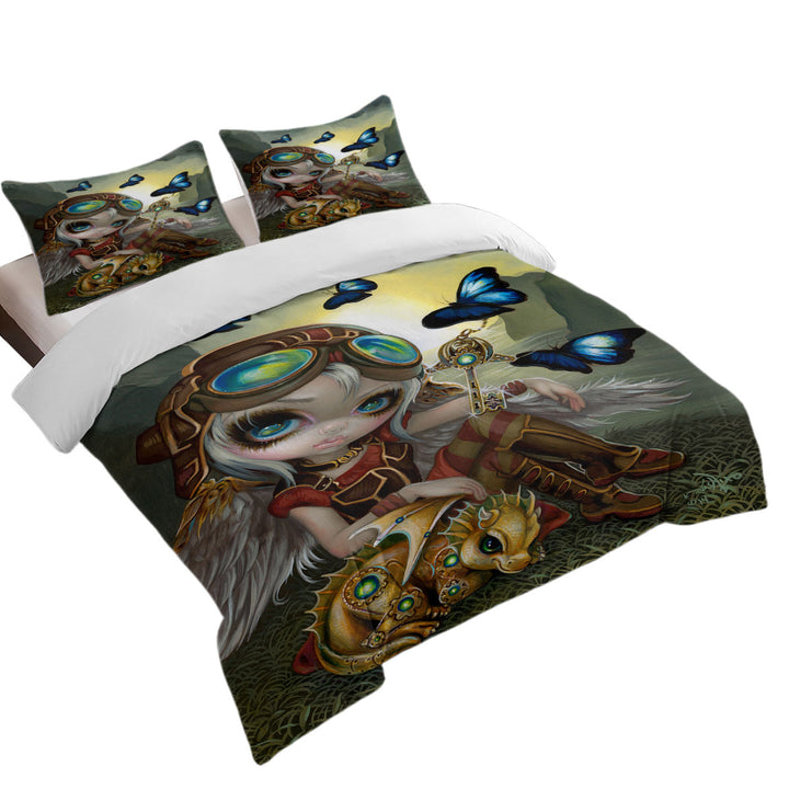 Cute Fantasy Art Angel and Clockwork Dragonling King Duvet Cover set