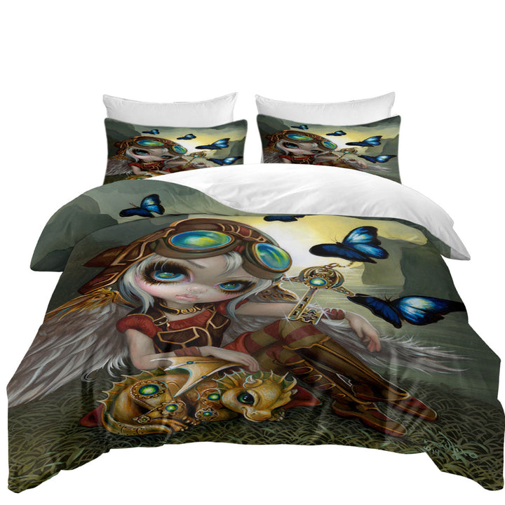 Cute Fantasy Art Angel and Clockwork Dragonling King Size Duvet Cover