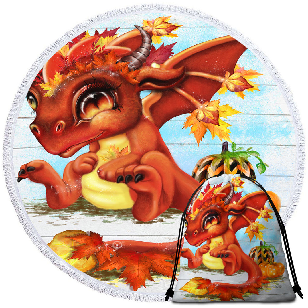 Cute Fantasy Art Autumn Lil Dragon Beach Towels