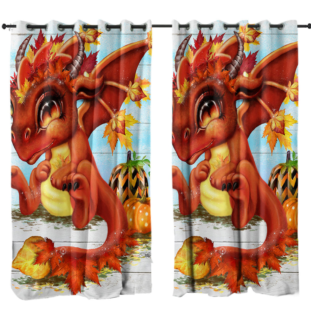 Cute Fantasy Art Autumn Lil Dragon Curtains for Living Room