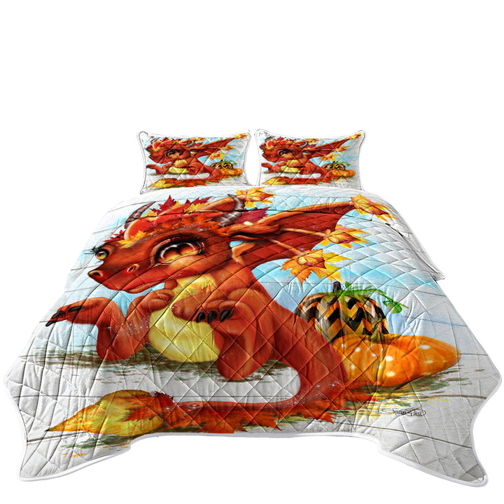 Cute Fantasy Art Autumn Lil Dragon Twin Quilt