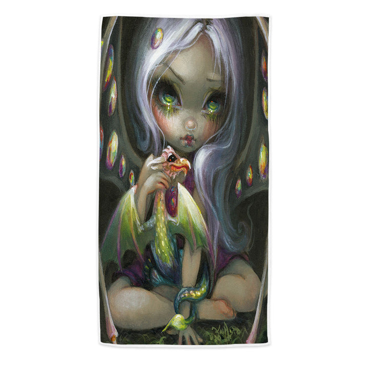 Cute Fantasy Art Fire Opal Fairy and Dragonling Beach Towels