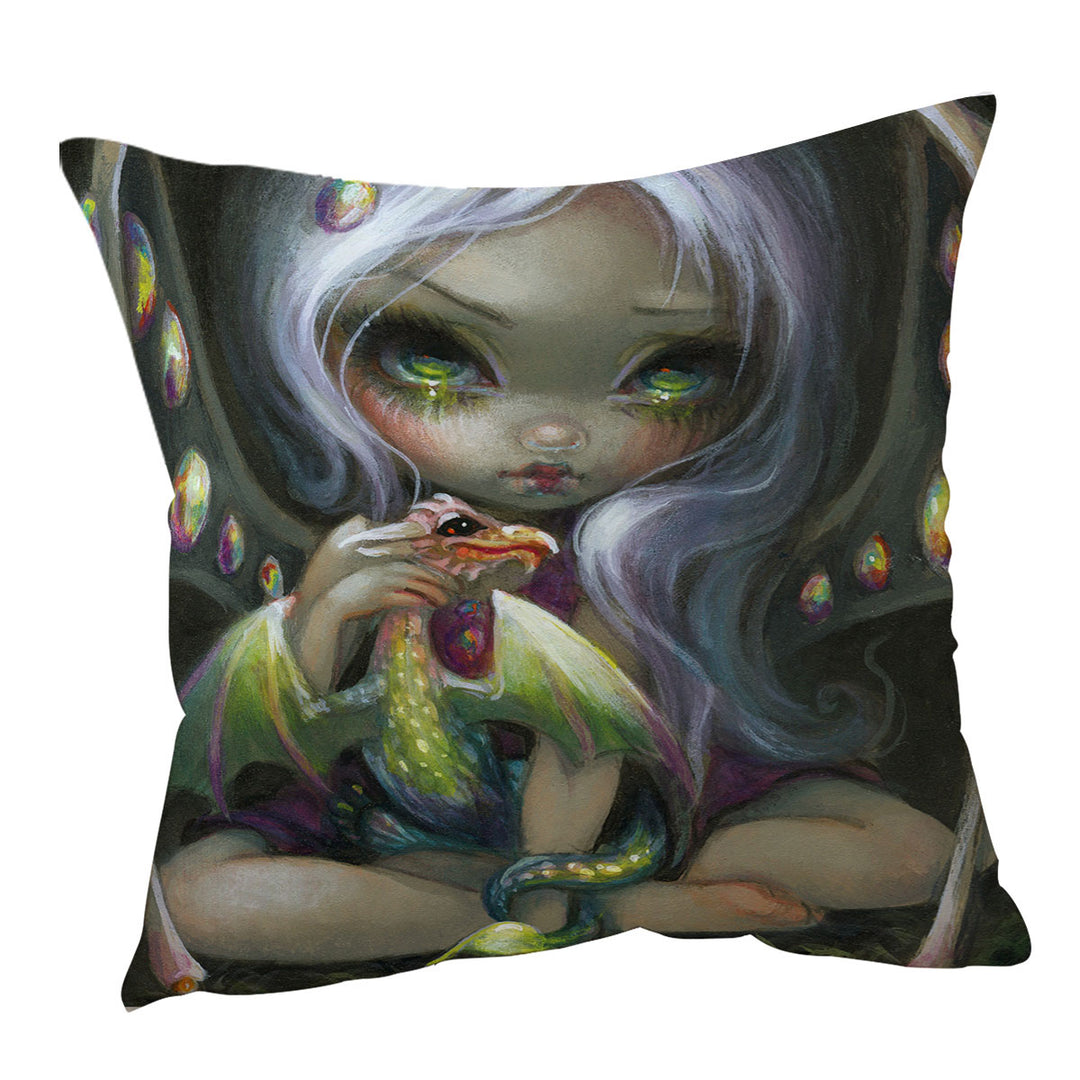 Cute Fantasy Art Fire Opal Fairy and Dragonling Cushion Cover