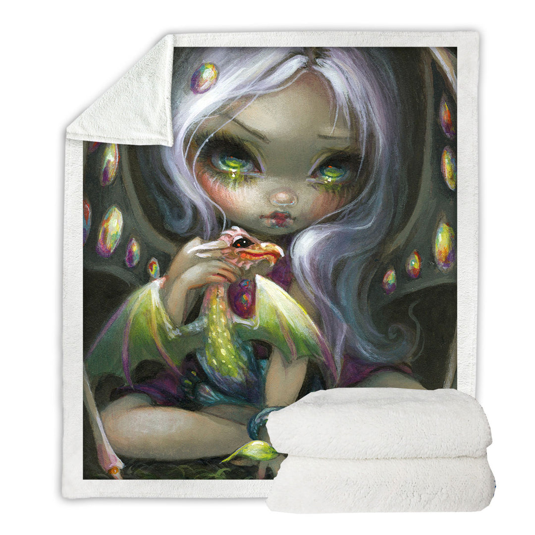 Cute Fantasy Art Fire Opal Fairy and Dragonling Fleece Blankets