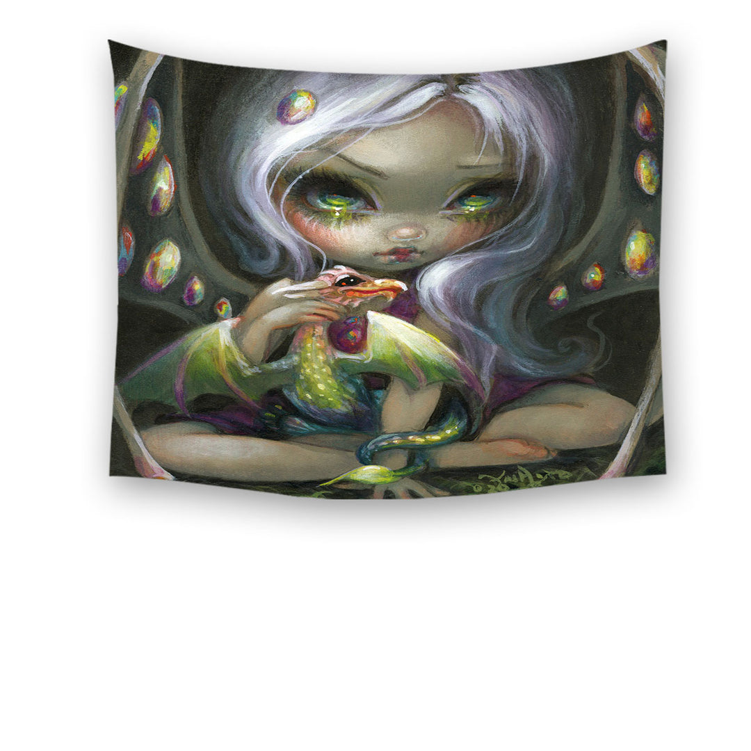 Cute Fantasy Art Fire Opal Fairy and Dragonling Wall Art Prints Tapestry