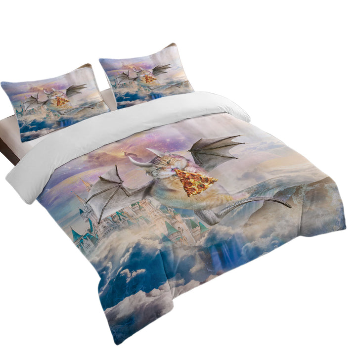 Cute Fantasy Art Galaxy Dragon Cat Eating Pizza in Space Duvet Covers