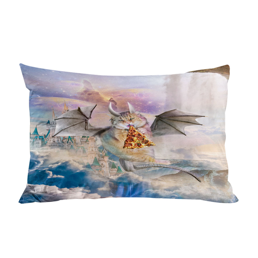 Cute Fantasy Art Galaxy Dragon Cat Eating Pizza in Space Pillowcase