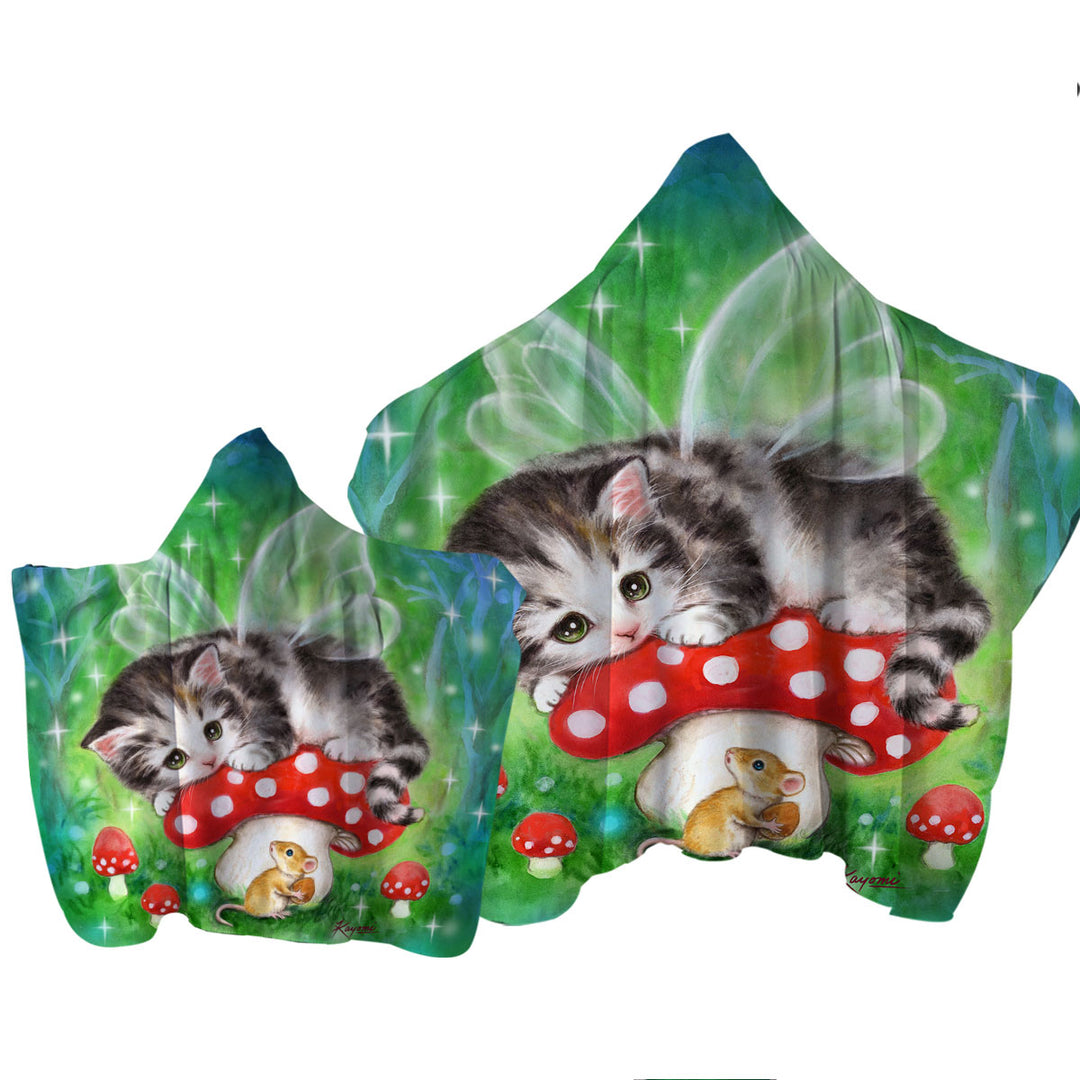 Cute Fantasy Cat Art Kitten Fairy on Mushroom Towel with Hood