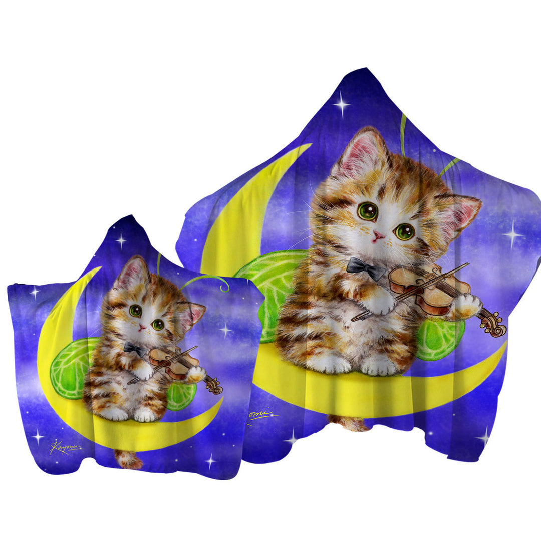 Cute Fantasy Cats Art Violinist Tabby Kitten Hooded Beach Towel