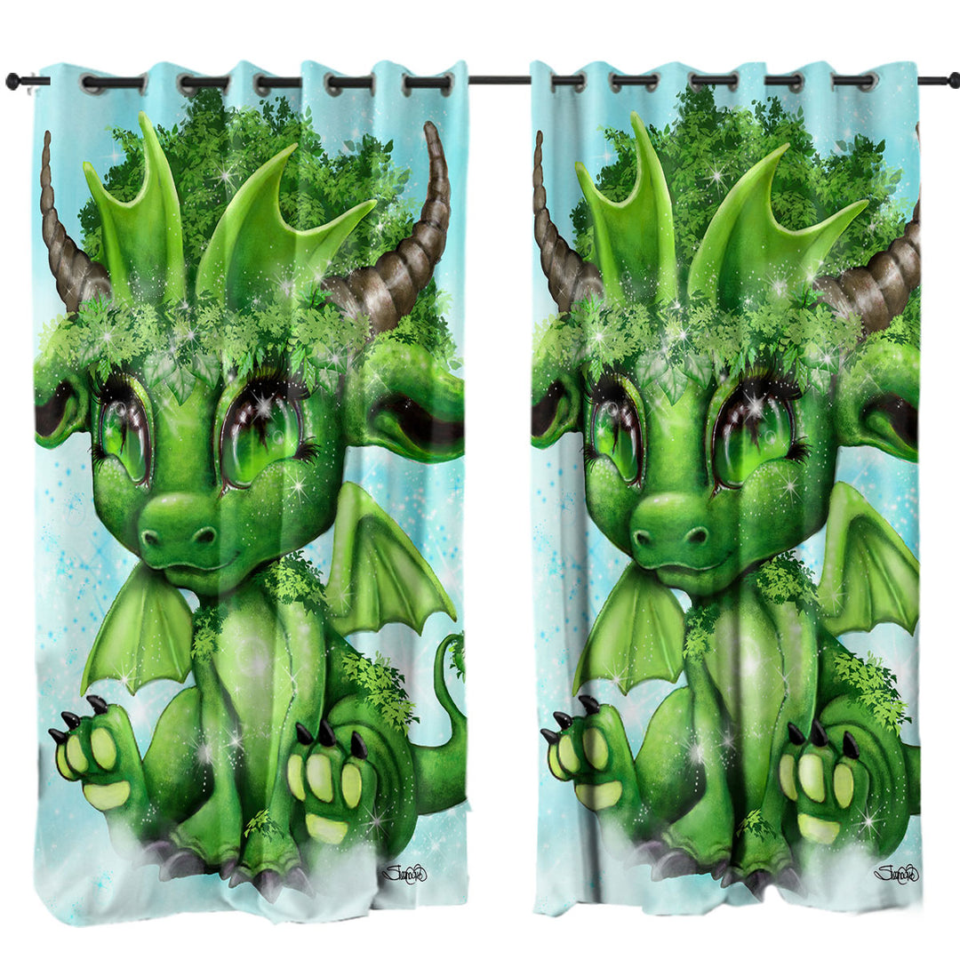 Cute Fantasy Creature Green Leaf Lil Dragon Curtains