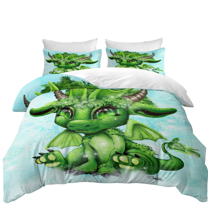 Cute Fantasy Creature Green Leaf Lil Dragon Duvet Covers