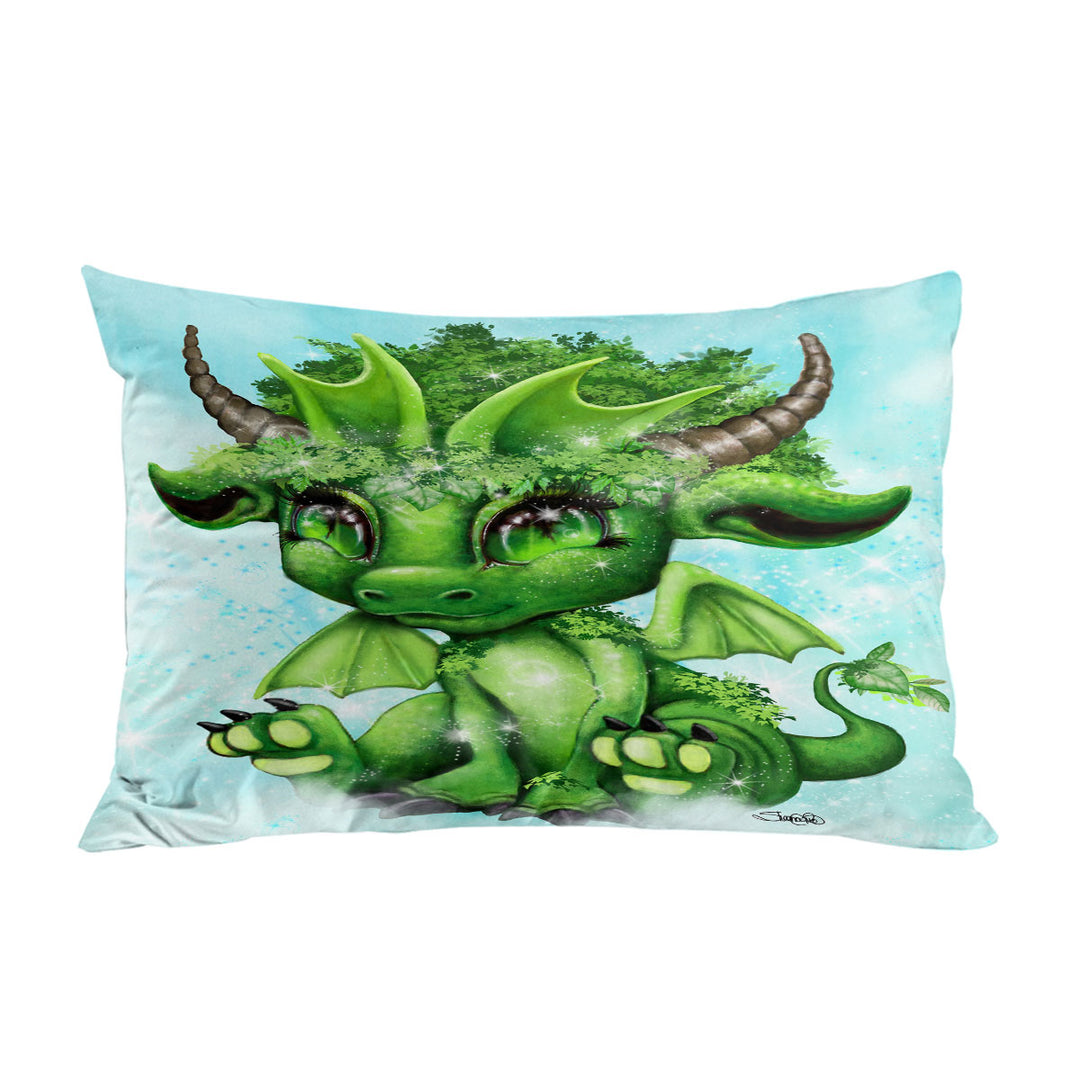 Cute Fantasy Creature Green Leaf Lil Dragon Pillow Cases