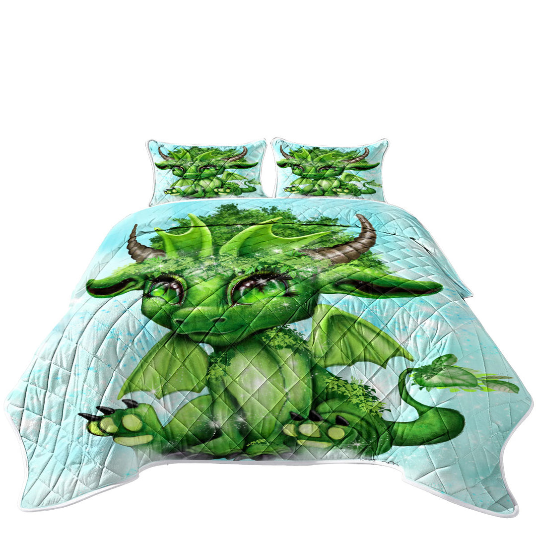 Cute Fantasy Creature Green Leaf Lil Dragon Quilts