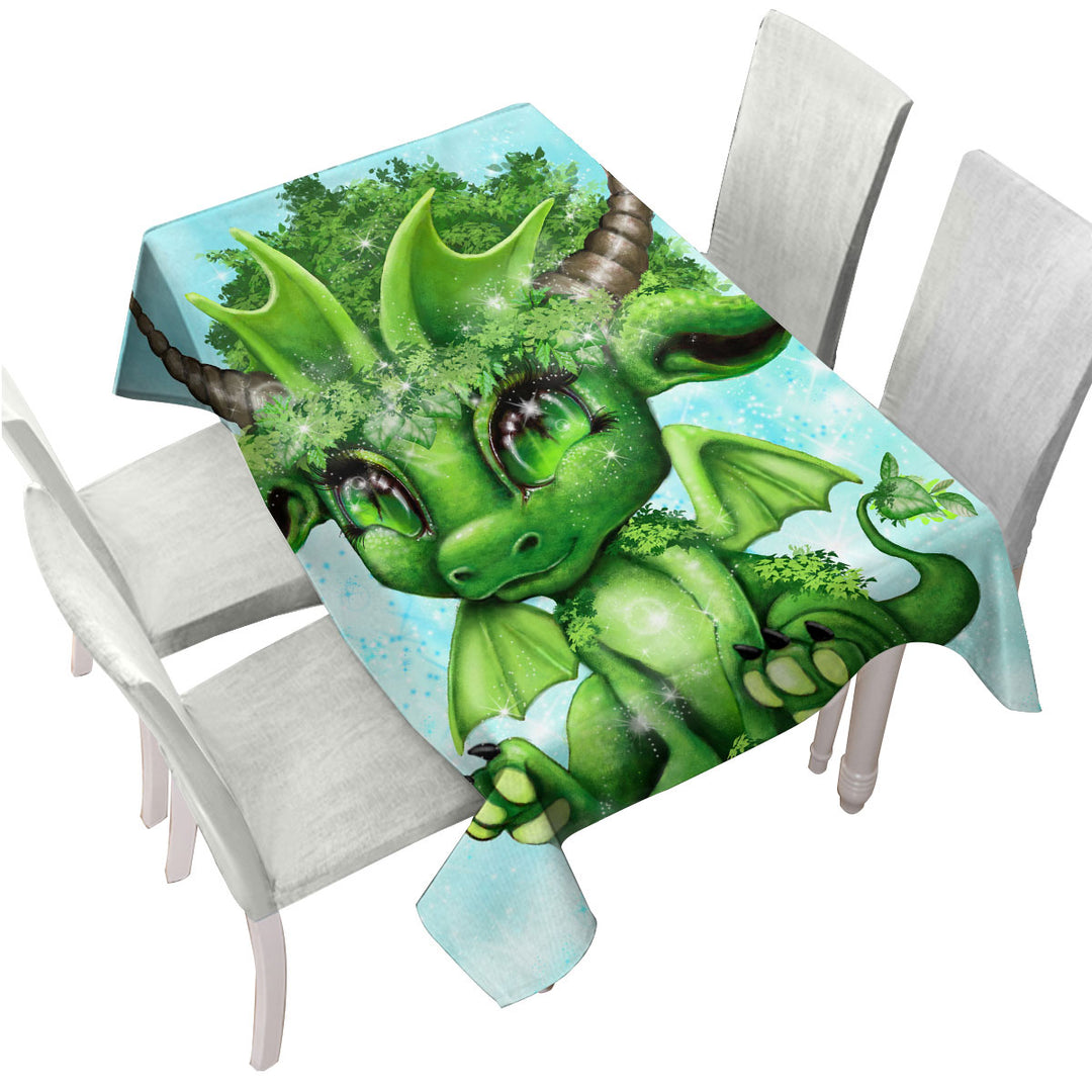 Cute Fantasy Creature Green Leaf Lil Dragon Tablecloths