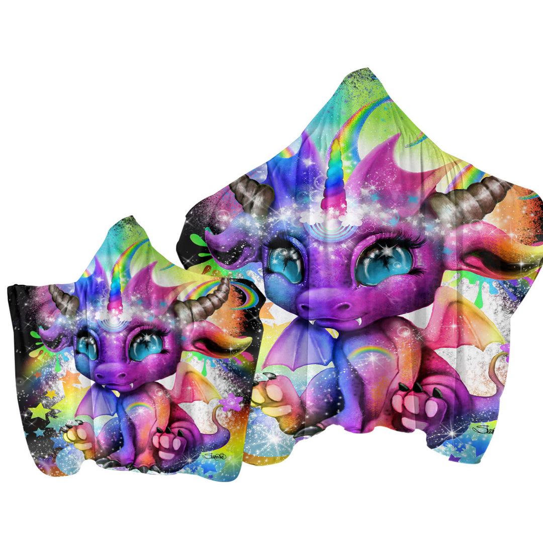 Cute Fantasy Creature Rainbow Lil Dragon Hooded Beach Towel