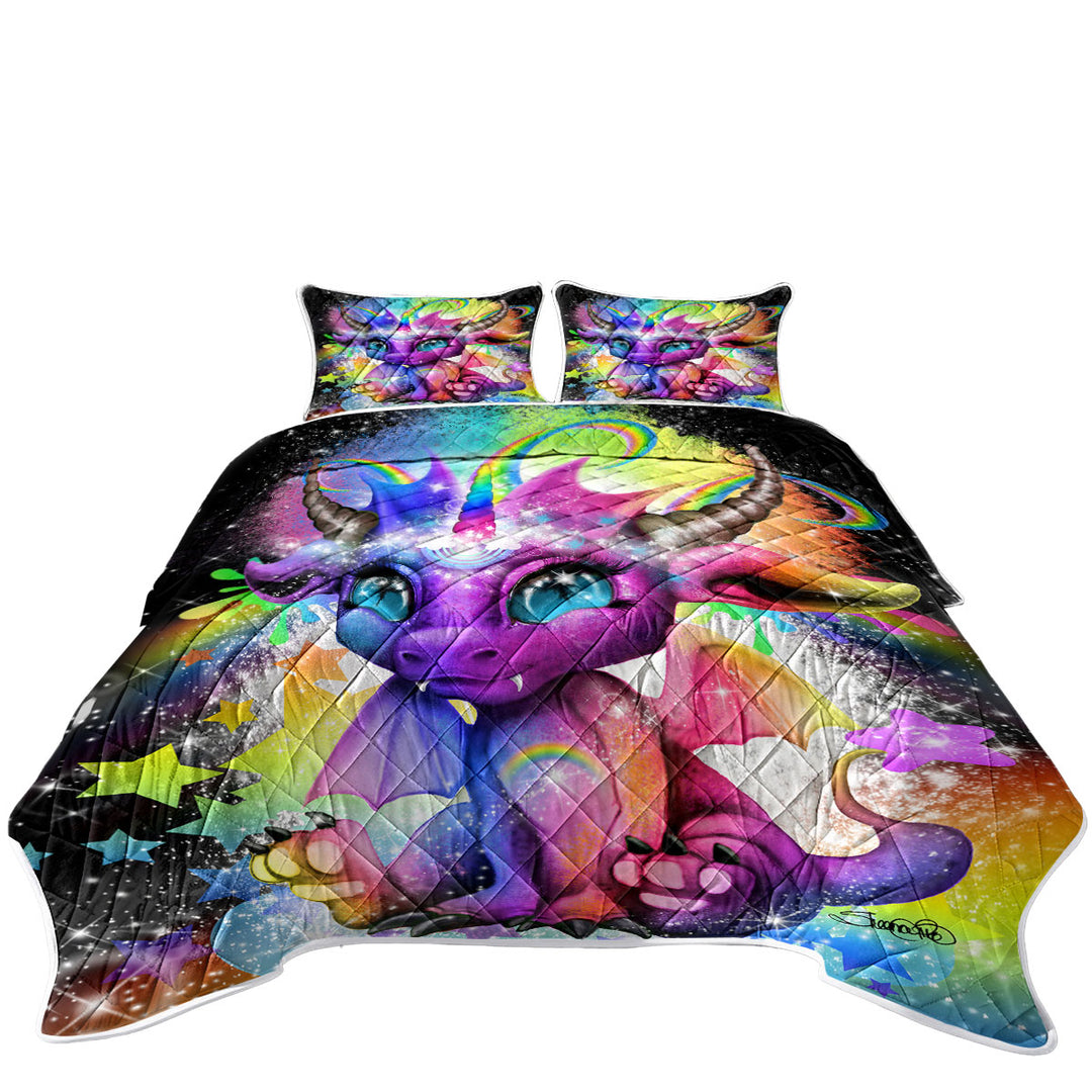 Cute Fantasy Creature Rainbow Lil Dragon Quilt