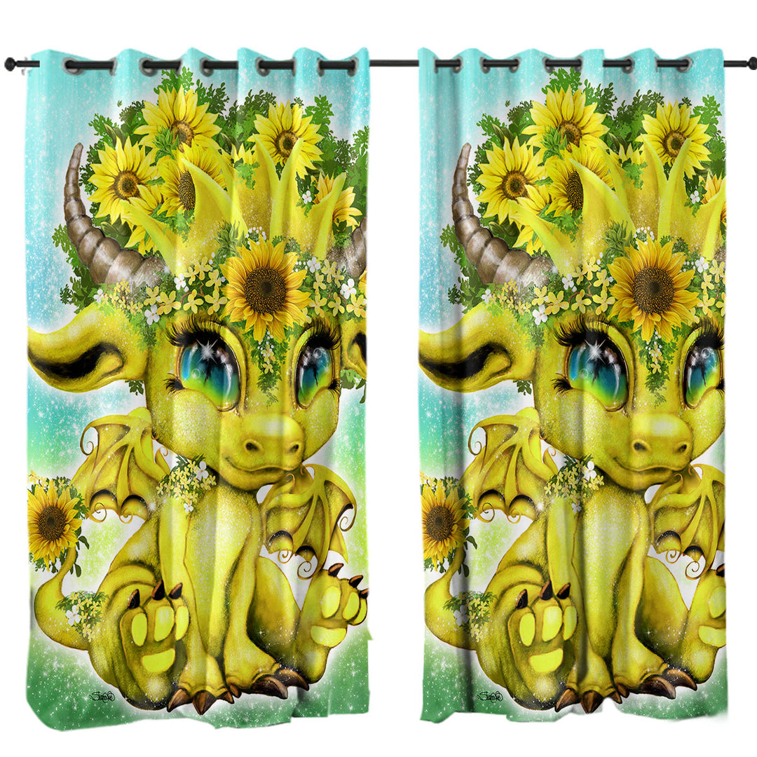 Cute Fantasy Creature Sunflower Lil Dragon Kids Curtains