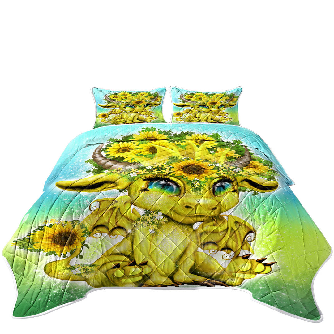 Cute Fantasy Creature Sunflower Lil Dragon Twin Size Quilt for Kids