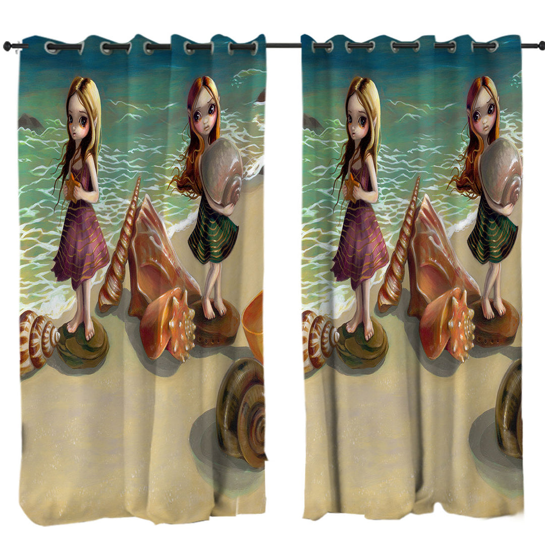 Cute Fantasy Girls Collecting Shells By the Seaside Curtain