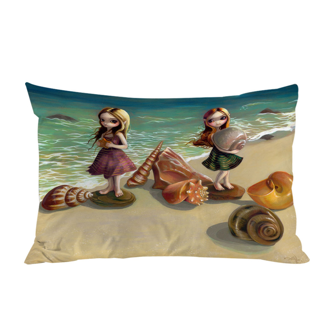 Cute Fantasy Girls Collecting Shells By the Seaside King Pillow Cases