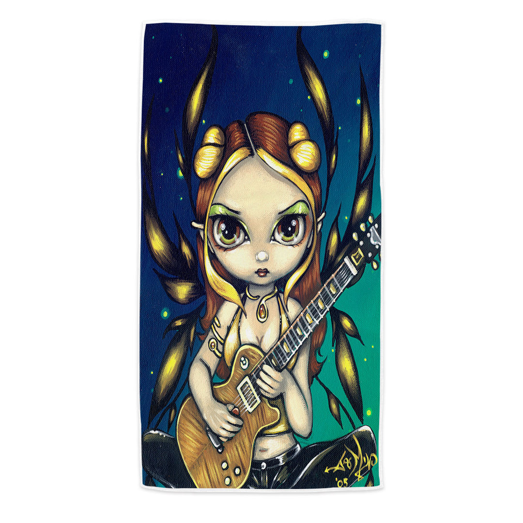 Cute Fantasy Golden Guitar Fairy Beach Towel