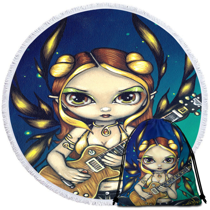 Cute Fantasy Golden Guitar Fairy Beach Towels and Bags Set