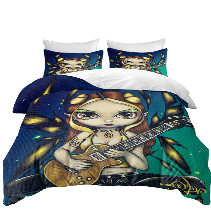 Cute Fantasy Golden Guitar Fairy Duvet Cover set