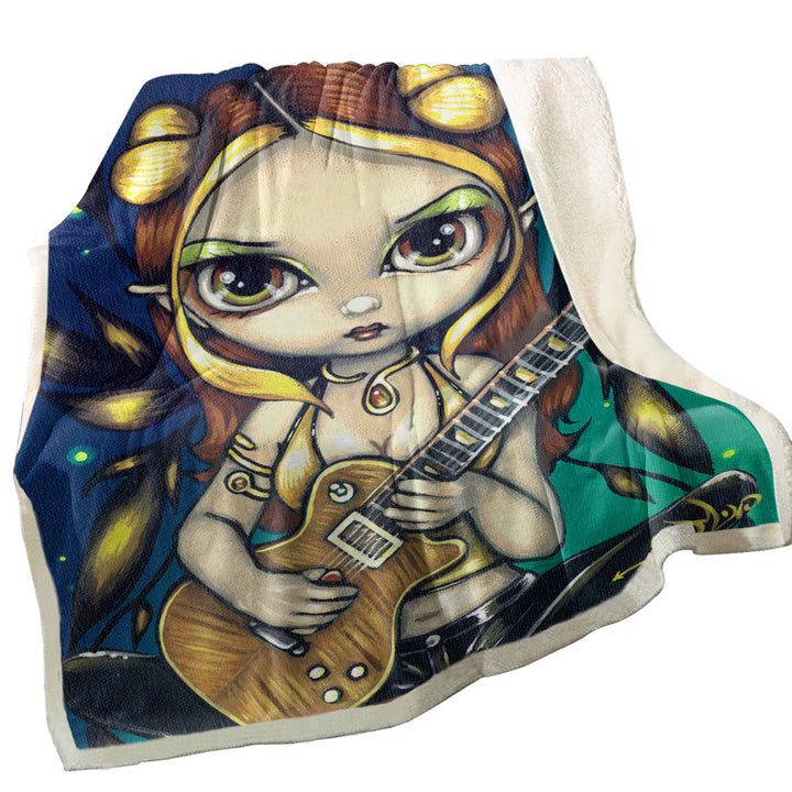 Cute Fantasy Golden Guitar Fairy Fleece Blankets