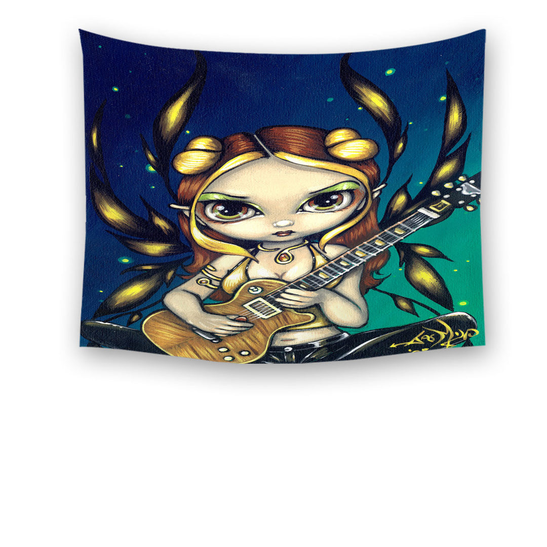 Cute Fantasy Golden Guitar Fairy Tapestry