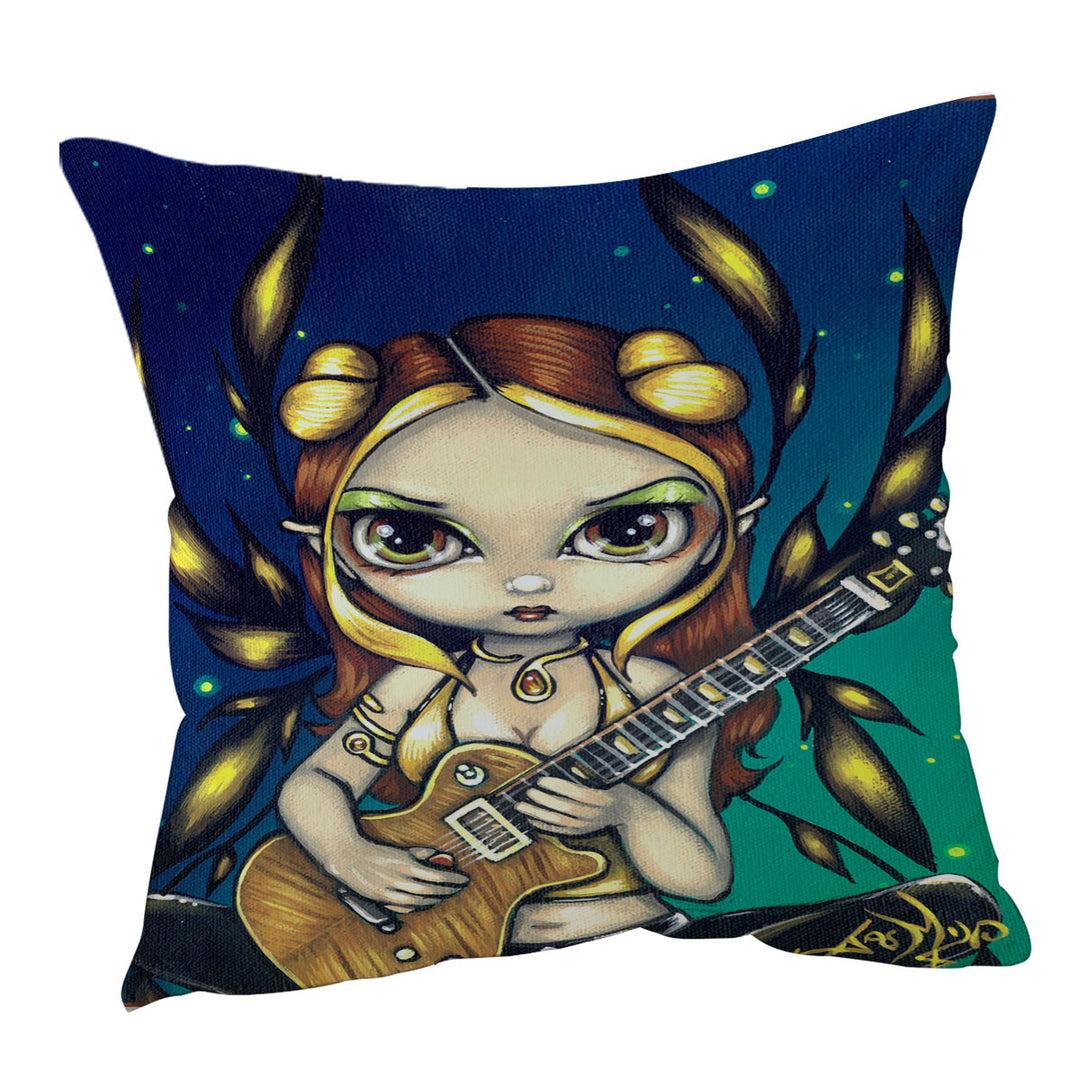 Cute Fantasy Golden Guitar Fairy Throw Pillows