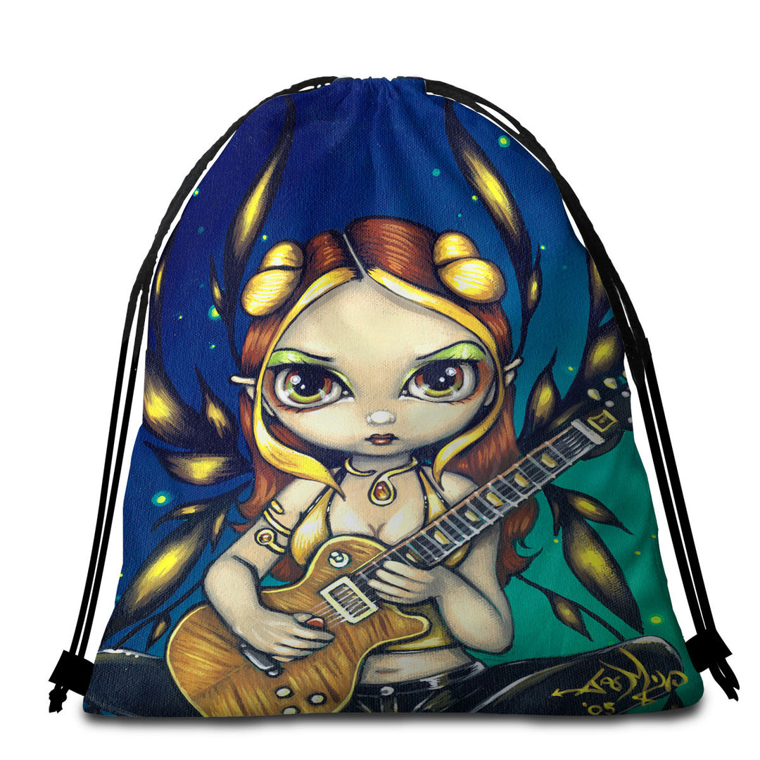 Cute Fantasy Golden Guitar Fairy Travel Beach Towel